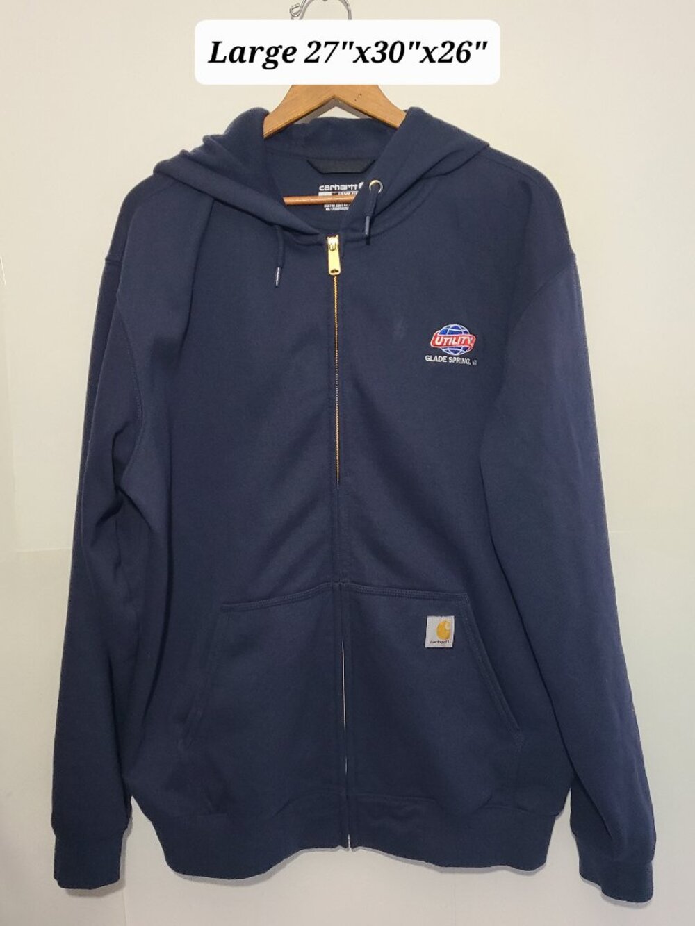 Carhartt Loose Fit Navy Blue Full Zip Embroidered Large Hoodie EUC